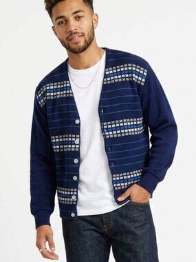 VINTAGE 70s Indie Grunge Grandpa Blue Stripe Cardigan Sweater M/L